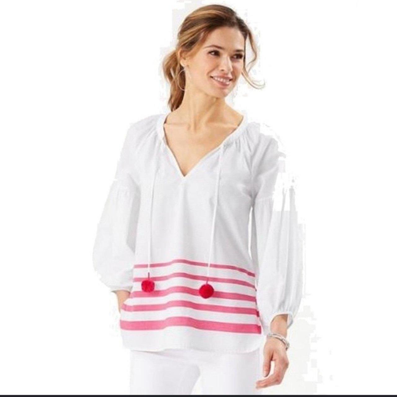 Womens Nwt Tommy Bahama Pom Stripe 3/4-Sleeve V-Neck Bright Blush Top